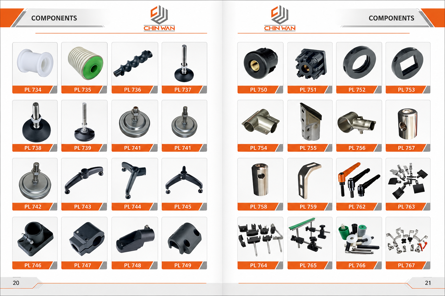 Conveyor components and accessories Malaysia including adjustable feet, rollers, brackets, connector joints, handles and replacement parts by Chin Wan Engineering.