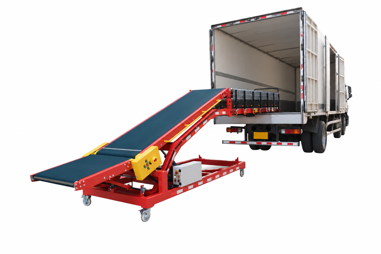 Mobile elevating conveyor with reversible belt for loading cartons into a truck