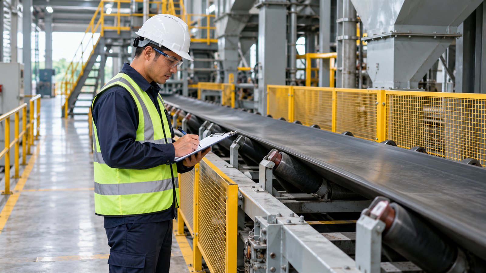 Illustrative image of an engineer recording a belt conveyor maintenance inspection