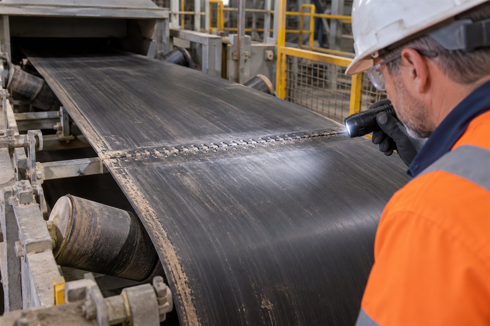 Illustrative close-up of a technician checking a conveyor belt splice and edge during a safe shutdown