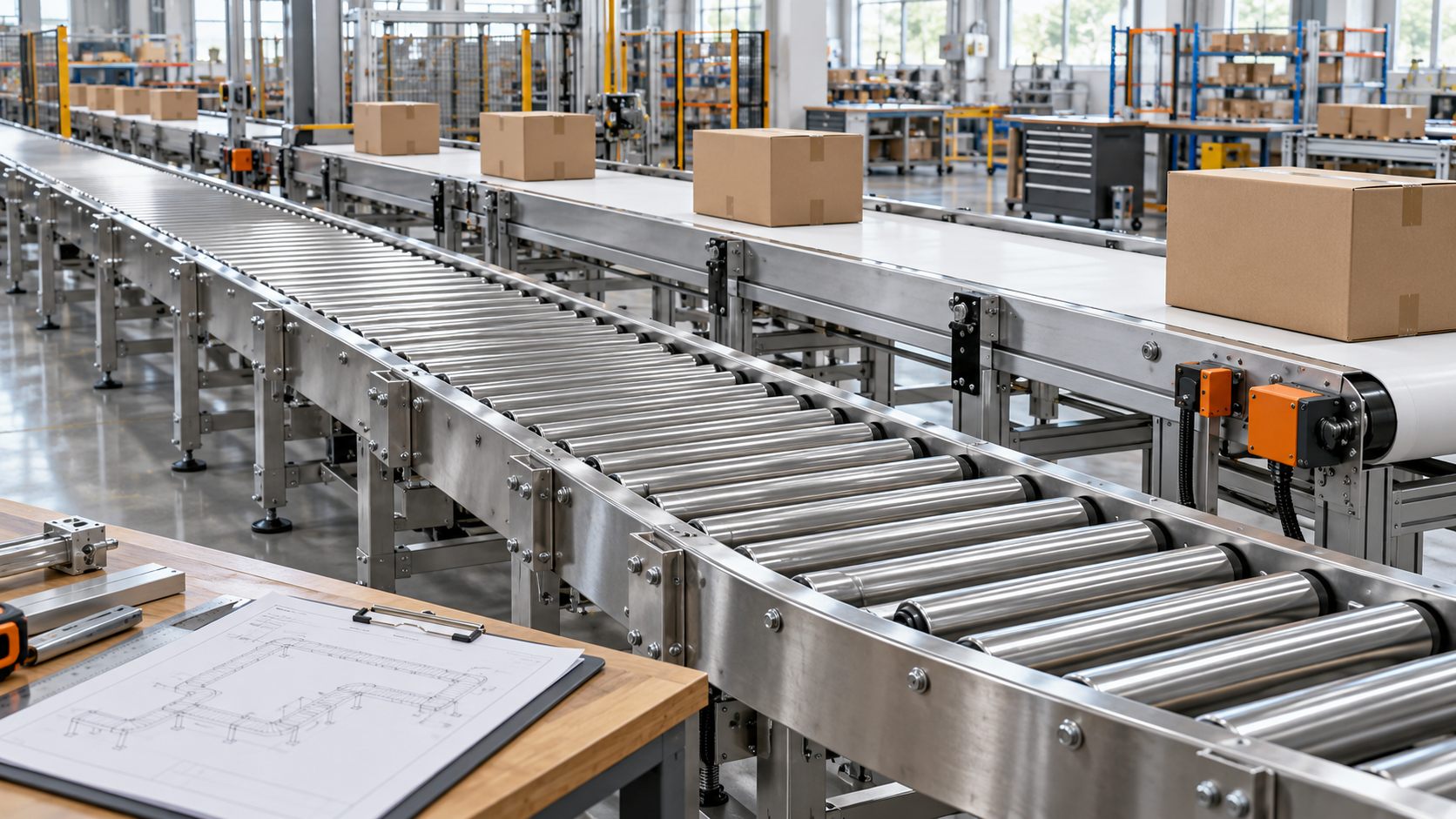 Roller and belt conveyors carrying cartons in an industrial workshop