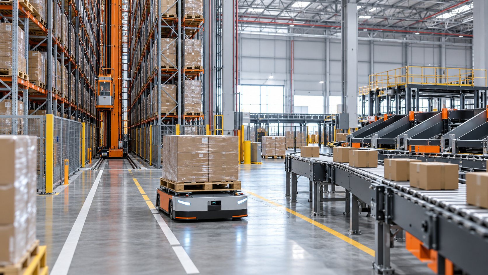Illustrative warehouse automation concept with ASRS, mobile robot and outbound conveyors
