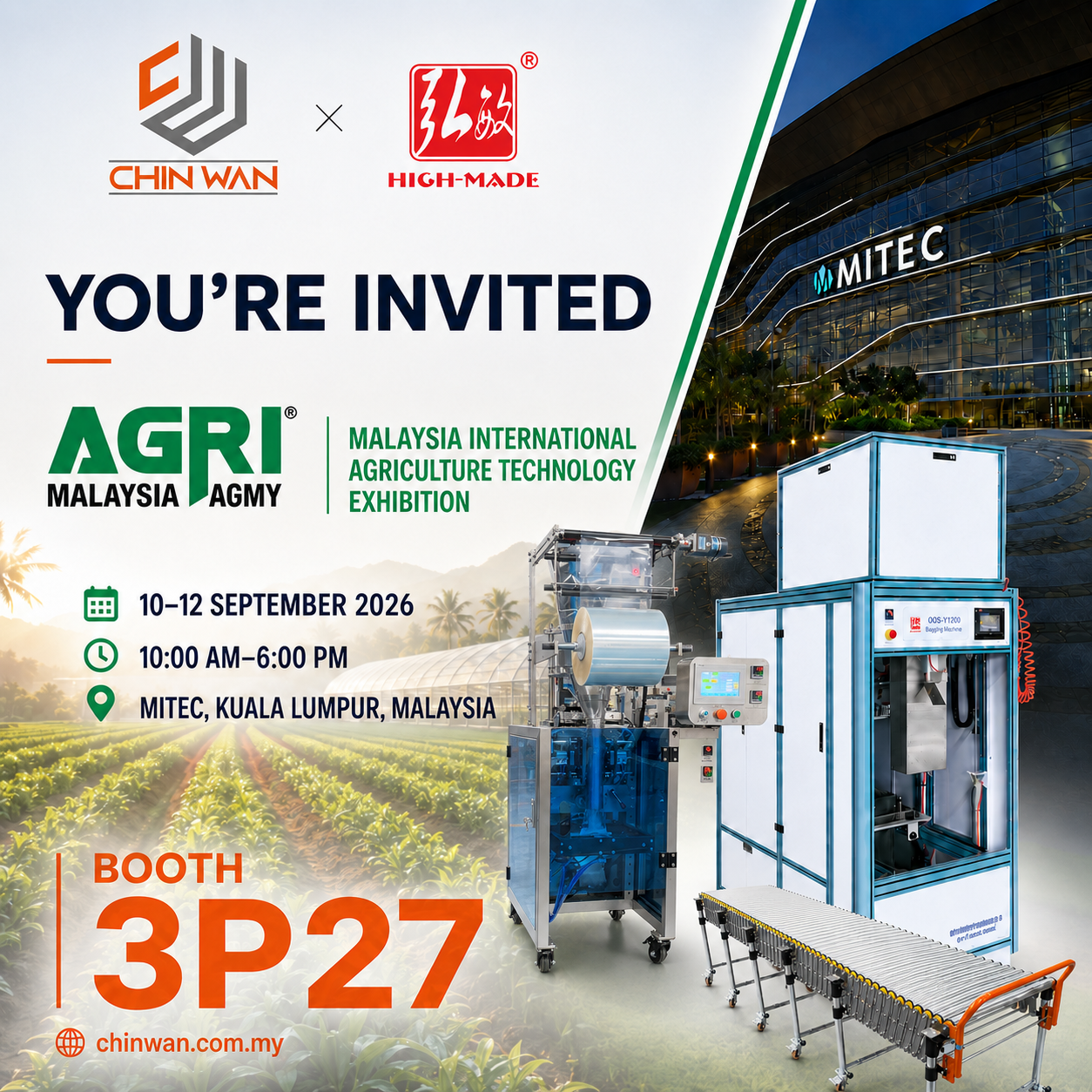 Chin Wan invitation poster for Agri Malaysia 2026 at MITEC Kuala Lumpur, booth 3P27, 10 to 12 September 2026