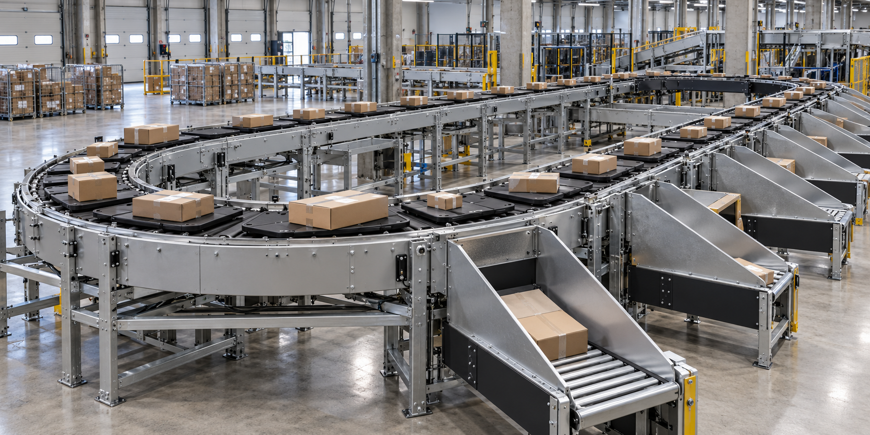 Illustration of a cross-belt parcel sorting system with moving trays and discharge chutes